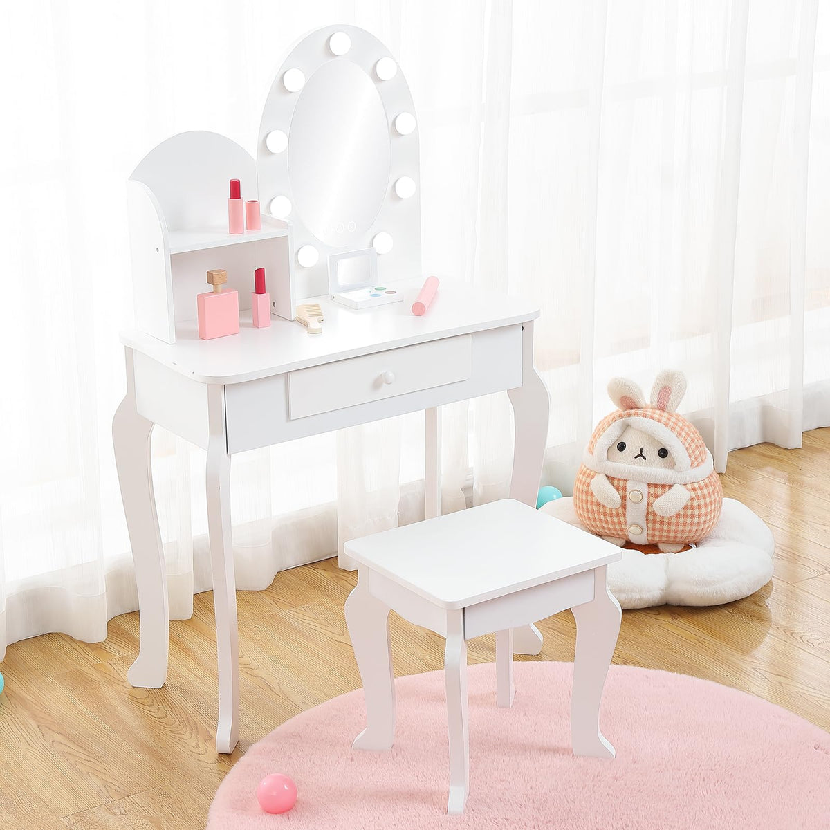 White Kids Vanity Table with LED Mirror & Stool Q838
