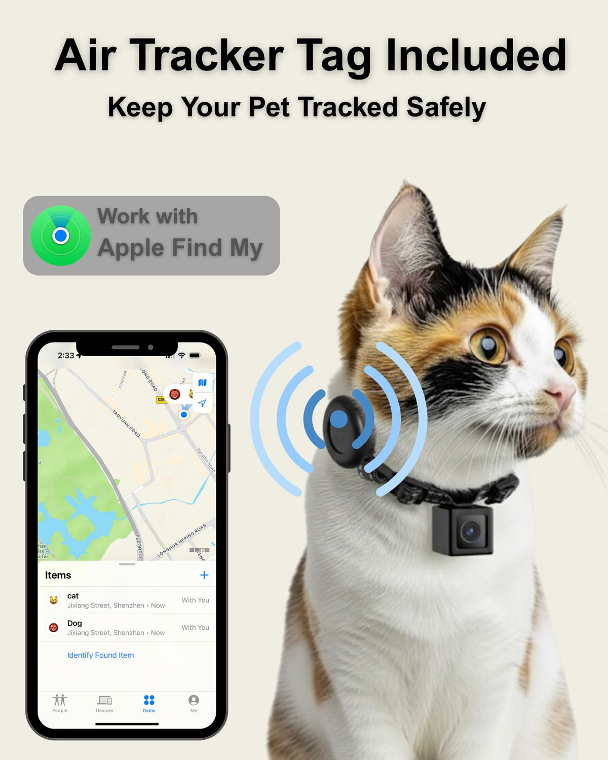 Cat Camera Collar with Tracker Tag, 1080P HD Pet POV Action Cam, Lightweight 0.7oz, Night Vision J238