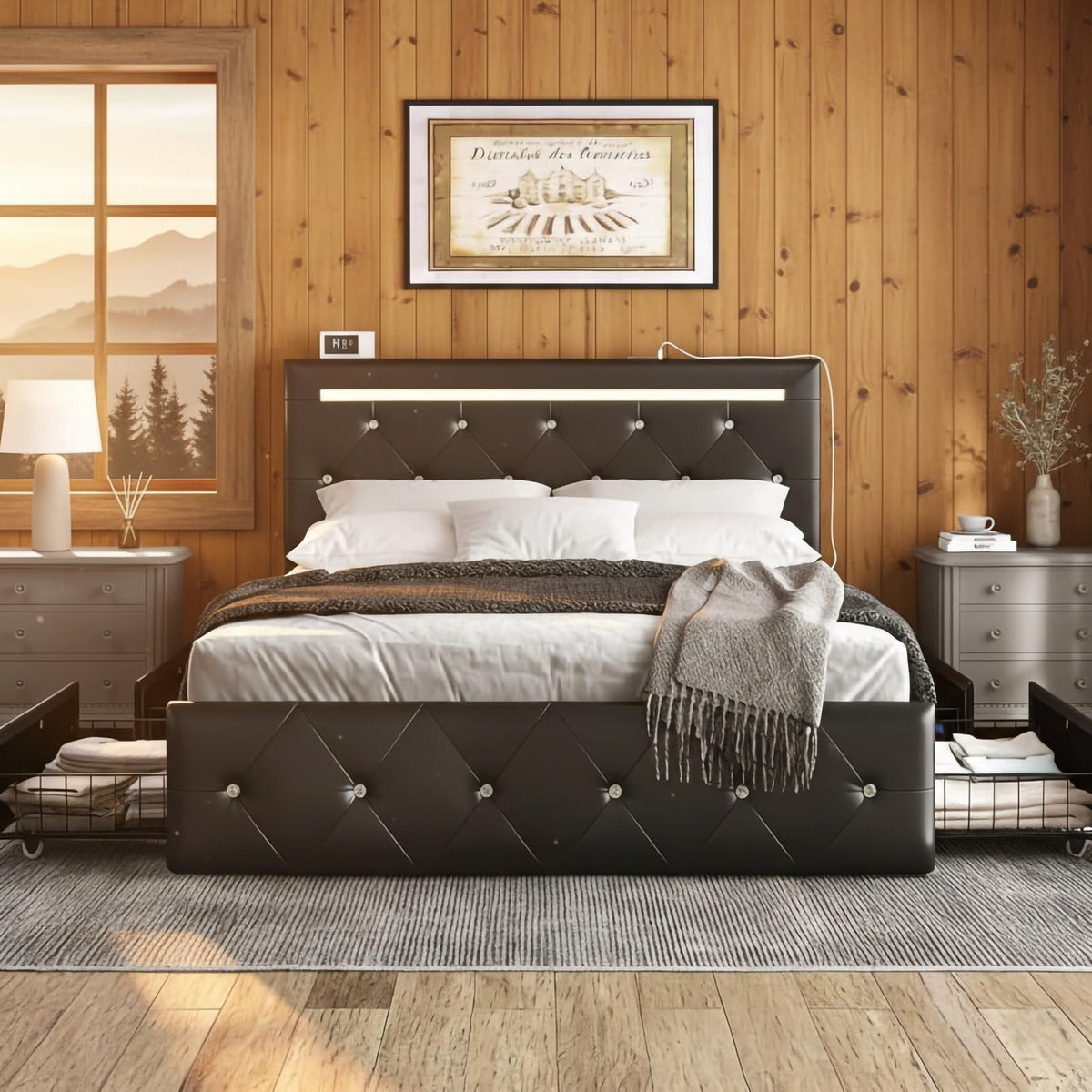 Full Upholstered Bed Frame with 4 Storage Drawers & Headboard Z39384