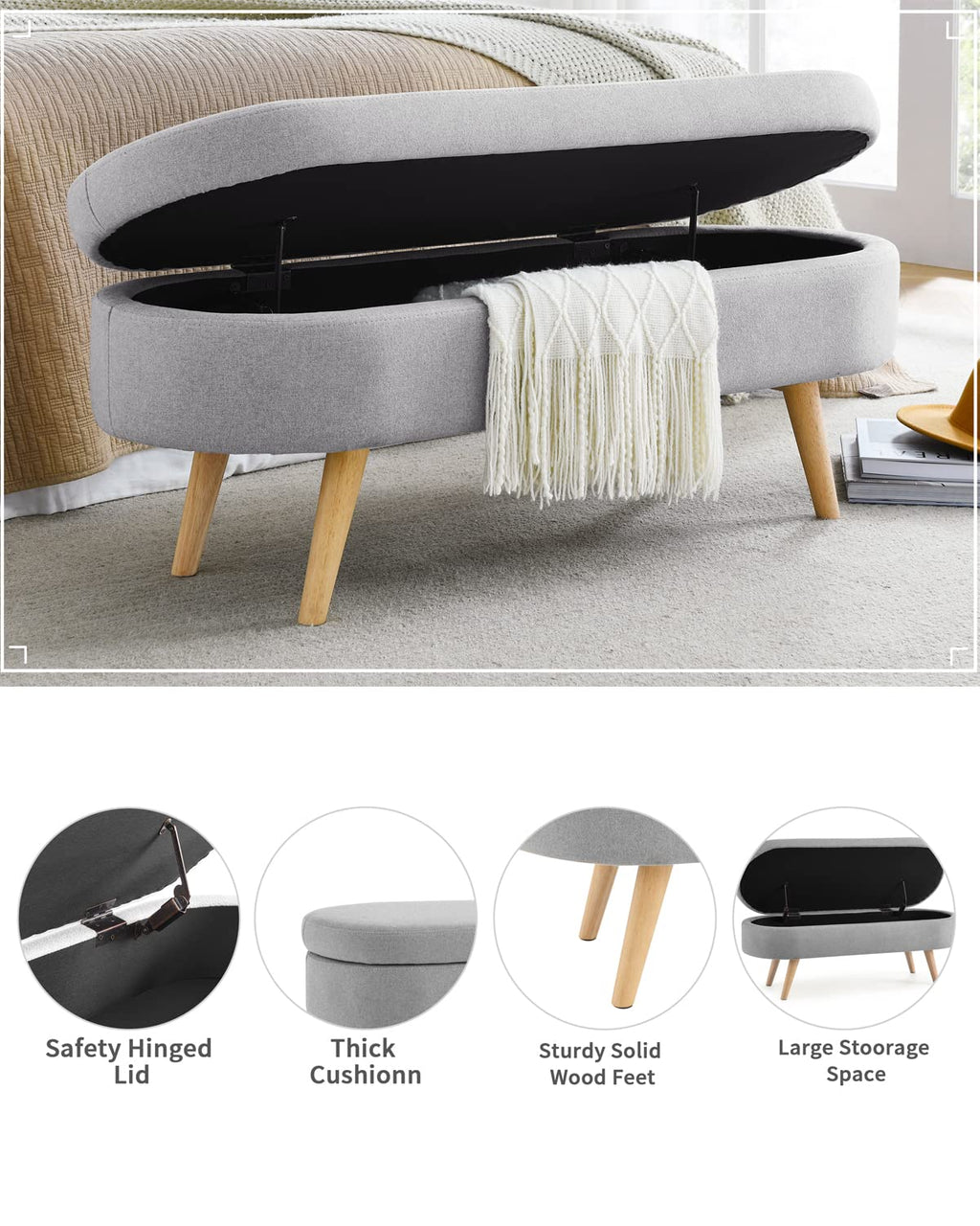 Oval Linen Fabric Upholstered Storage Bench with Solid Wood Legs N690680