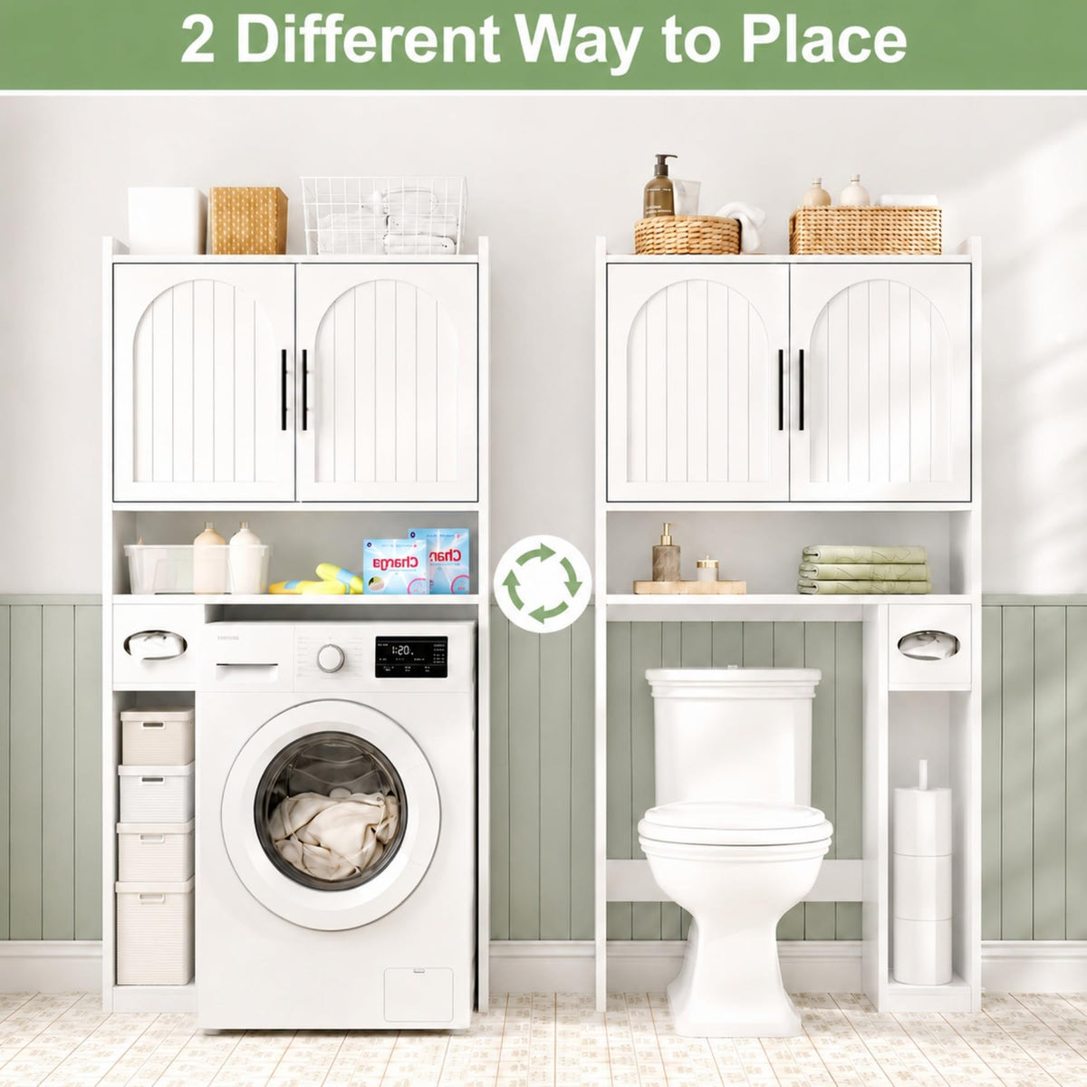 34" Over the Toilet Storage Cabinet with Arched Doors, White O536