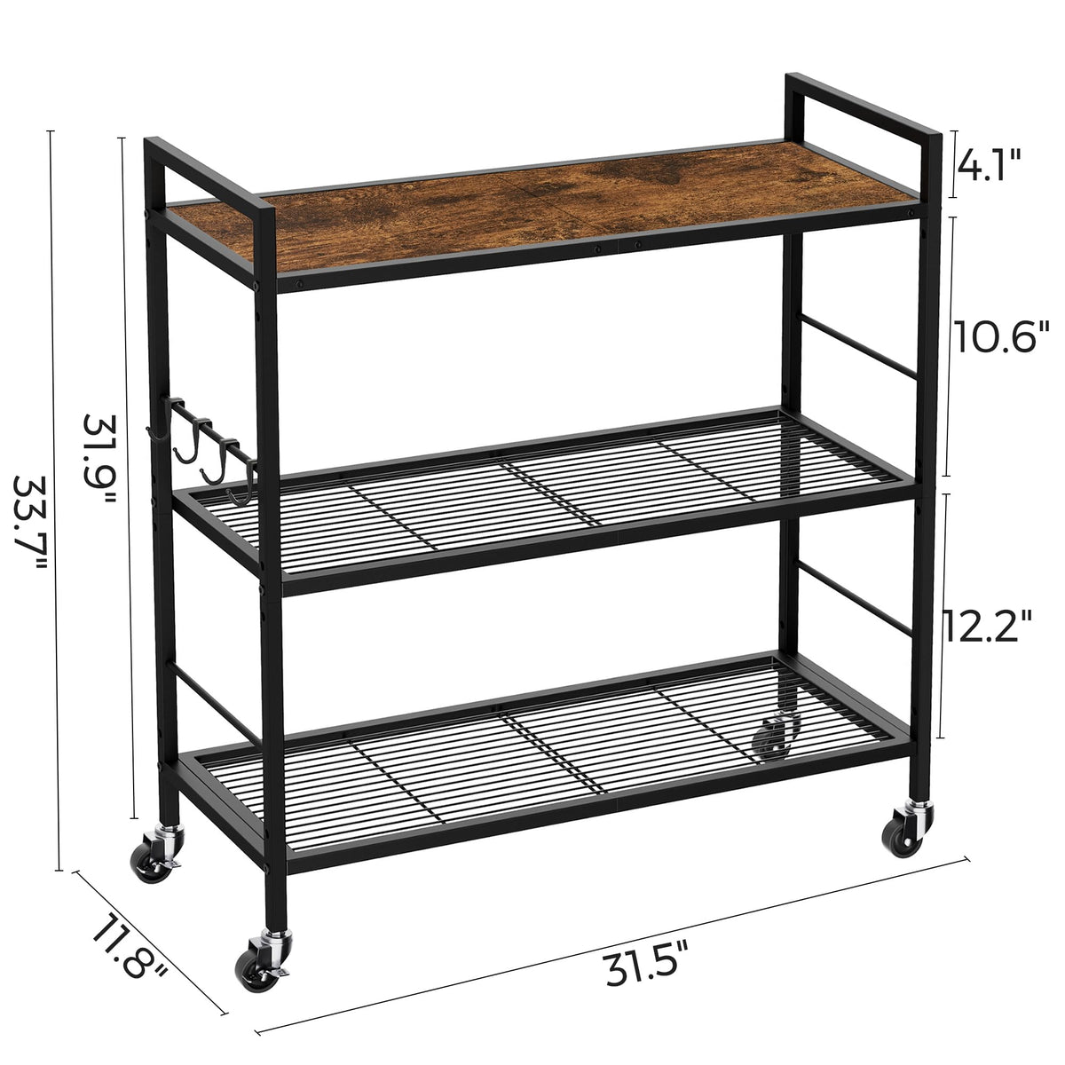 3-Tier Metal Storage Rack with Wheels, Mesh Shelving Unit, Black Z289107