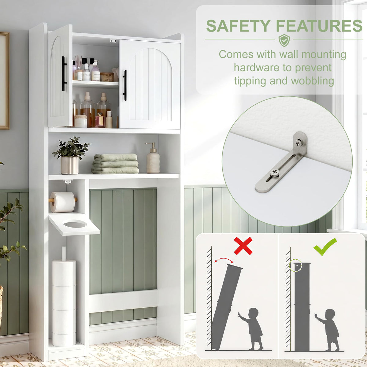 34" Over the Toilet Storage Cabinet with Arched Doors, White O536