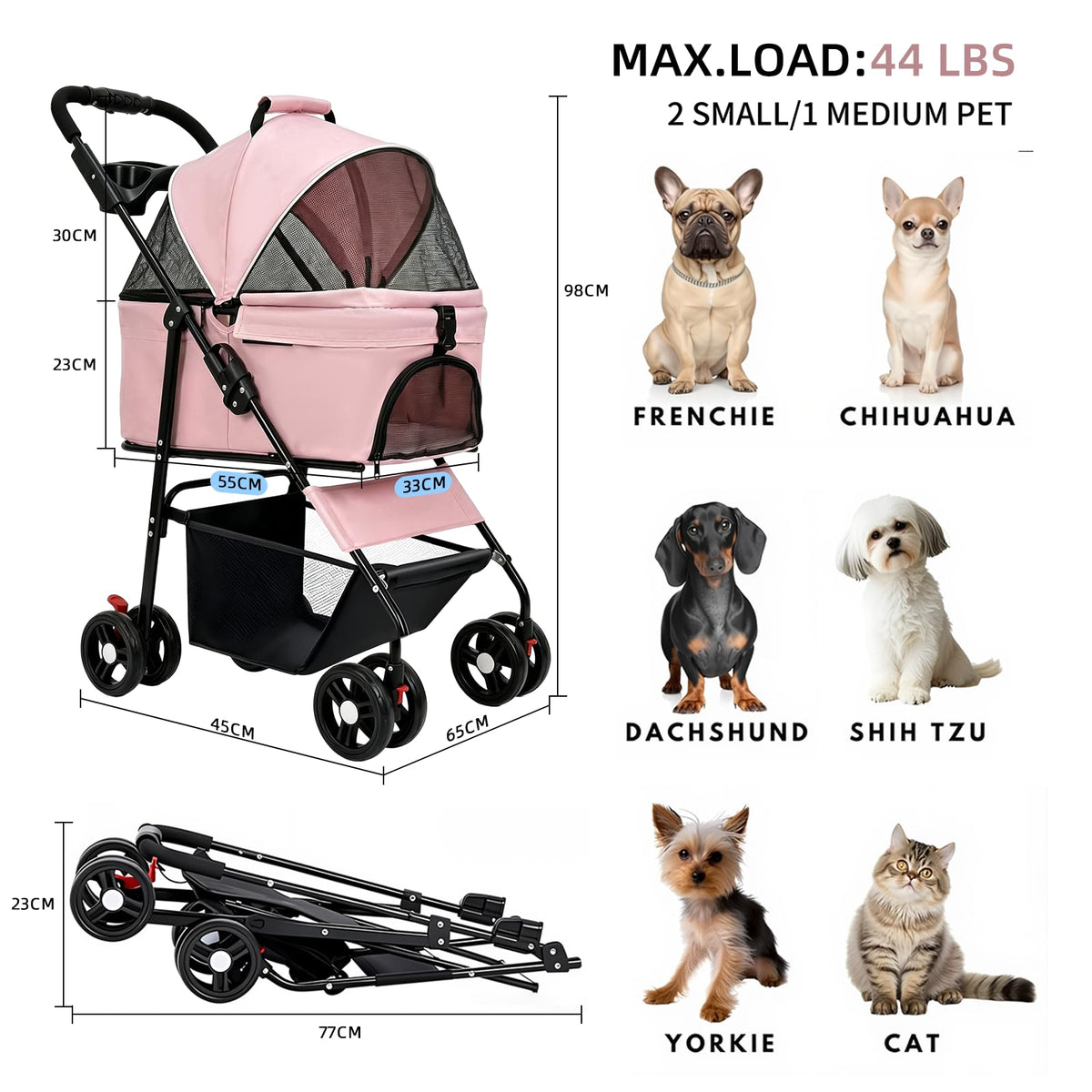 Pink Pet Stroller with Detachable Carrier L69209