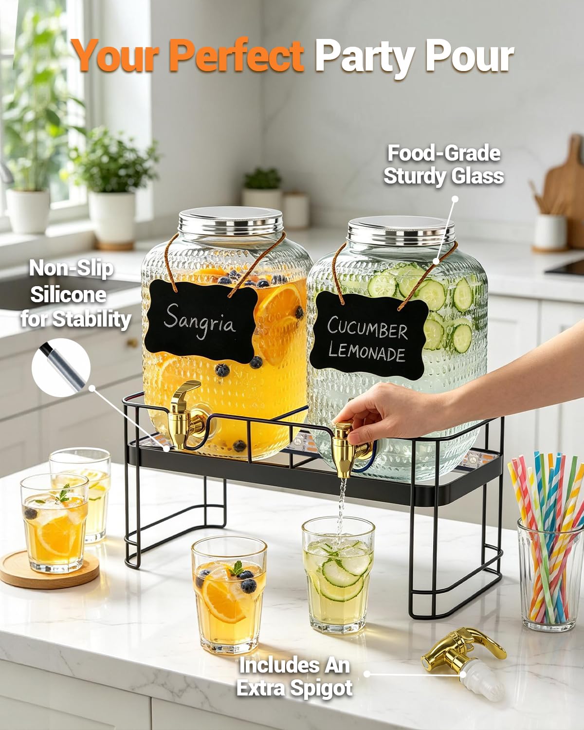 2 Pack 1 Gallon Glass Drink Dispensers with Stand F253