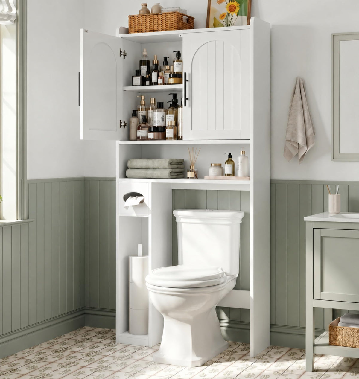 34" Over the Toilet Storage Cabinet with Arched Doors, White O536