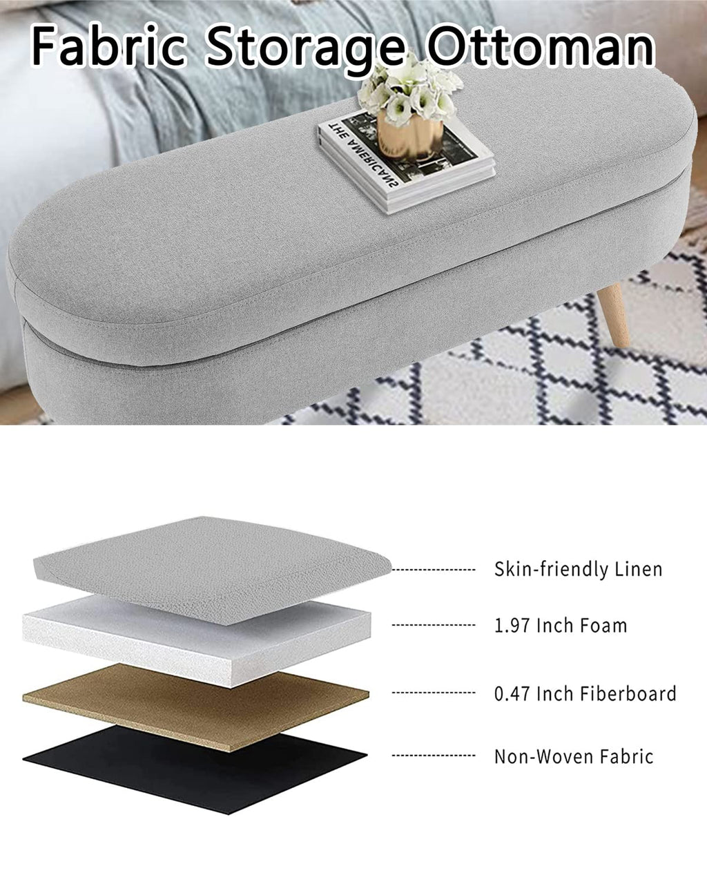 Oval Linen Fabric Upholstered Storage Bench with Solid Wood Legs N690680