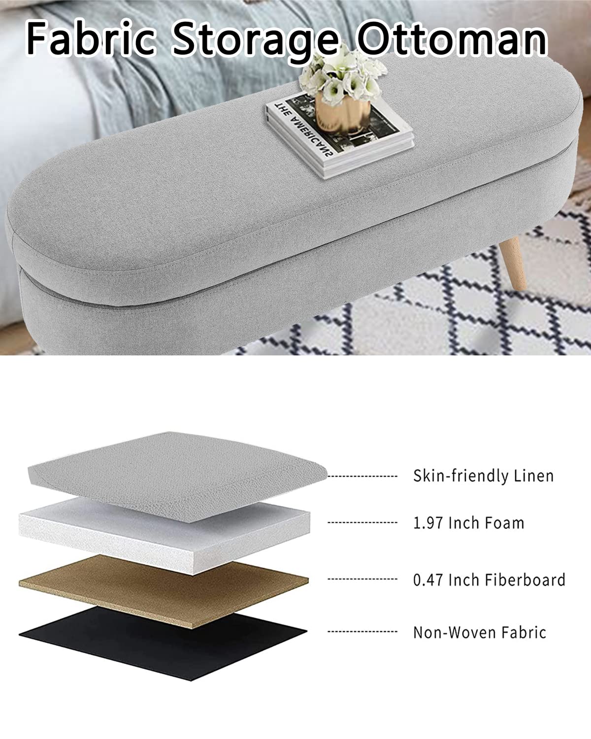 Oval Linen Fabric Upholstered Storage Bench with Solid Wood Legs N690680