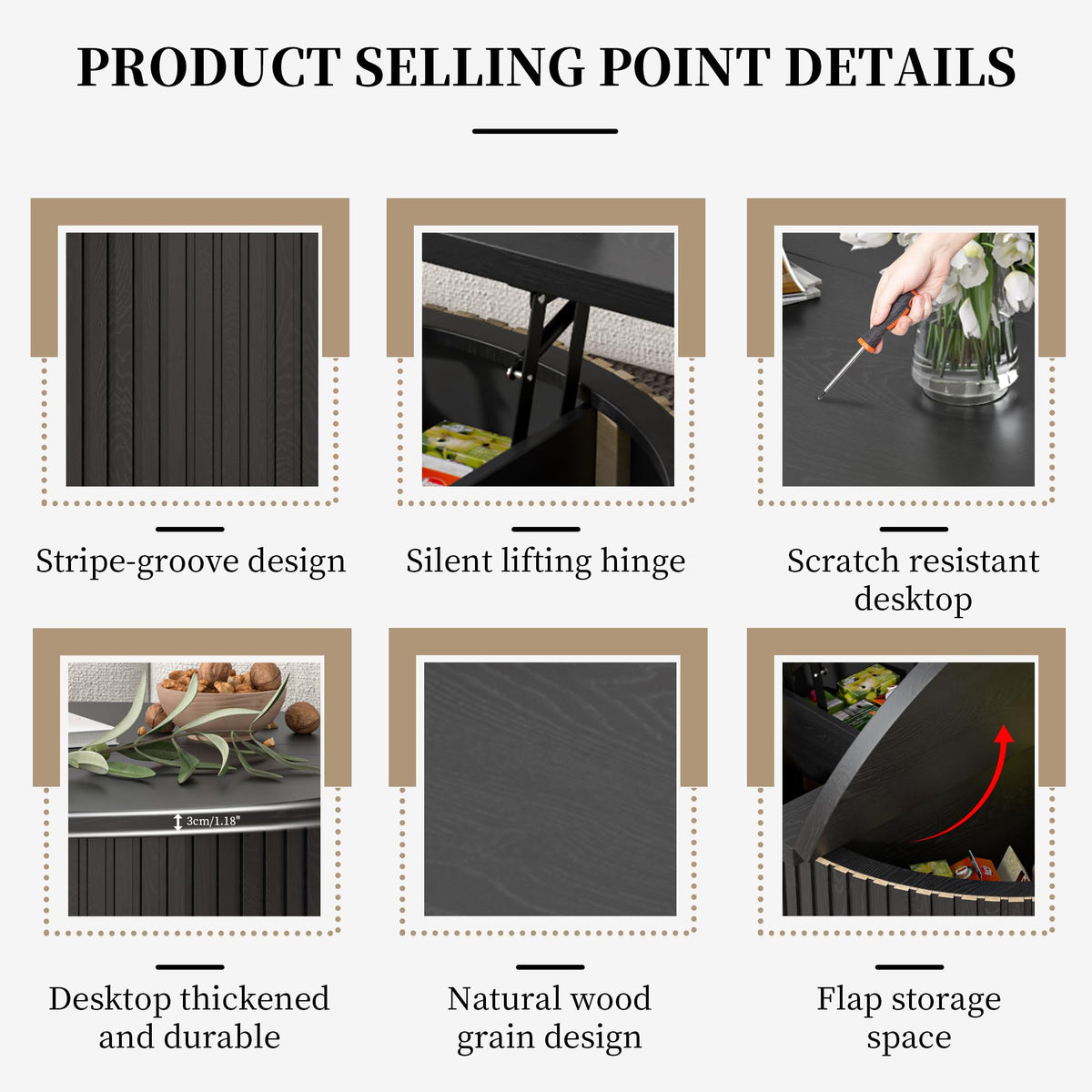 34.6" Fluted Round Lift Top Coffee Table with Hidden Storage, Black L44065