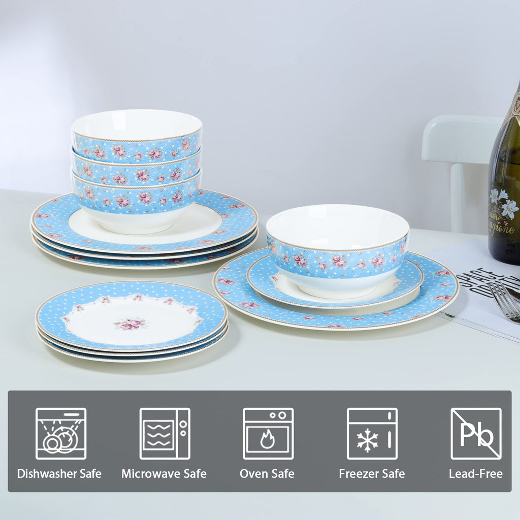 12 Piece Blue Floral Ceramic Dinnerware Set S6055