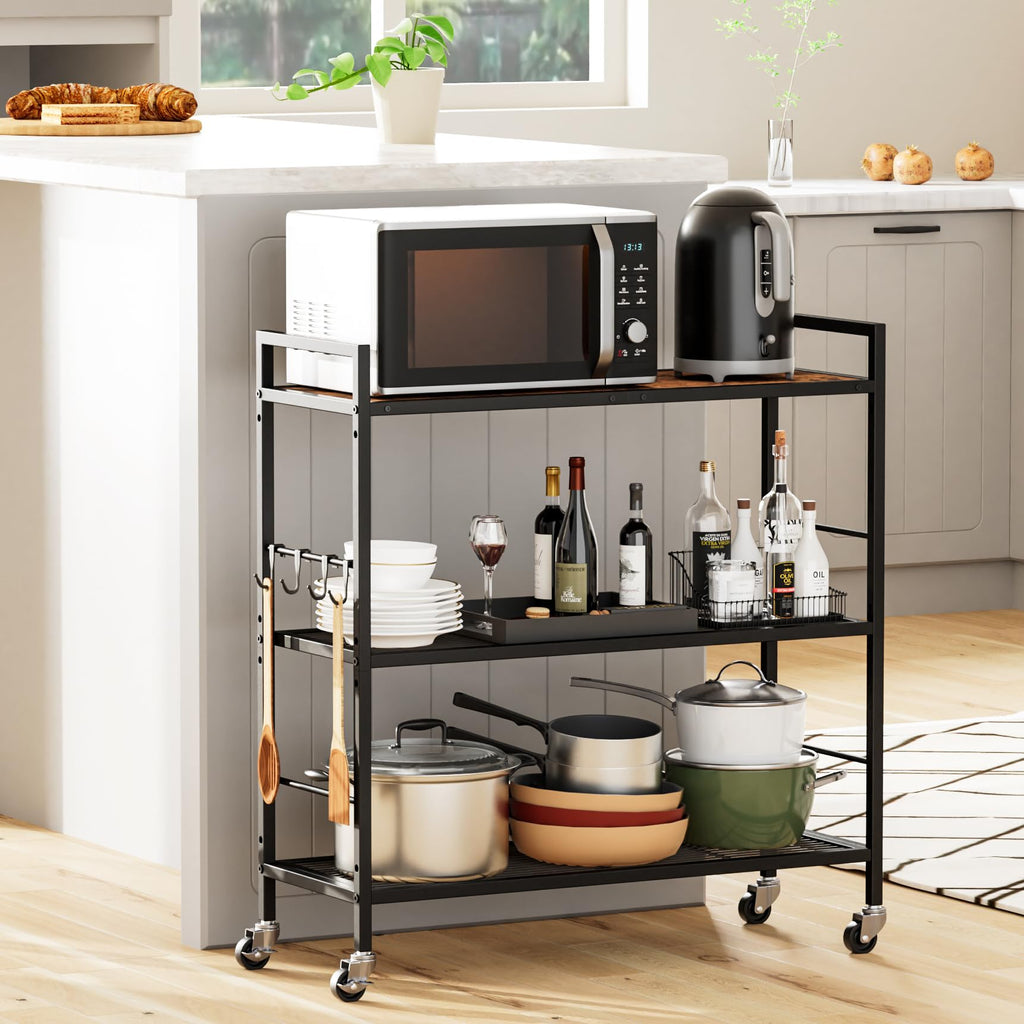 3-Tier Metal Storage Rack with Wheels, Mesh Shelving Unit, Black Z289107