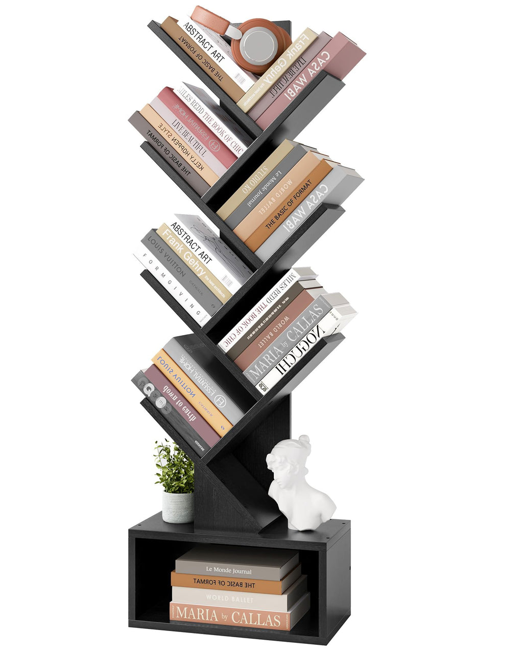 Black 6 Tier Wood Tree Bookshelf with Drawer X207