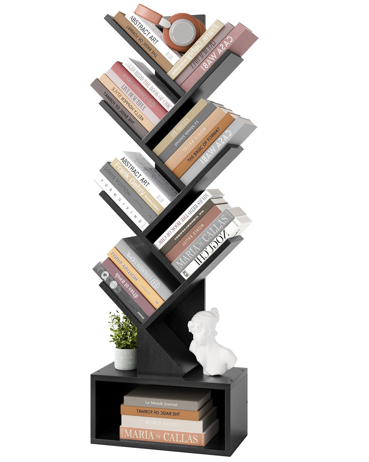 Black 6 Tier Wood Tree Bookshelf with Drawer X207