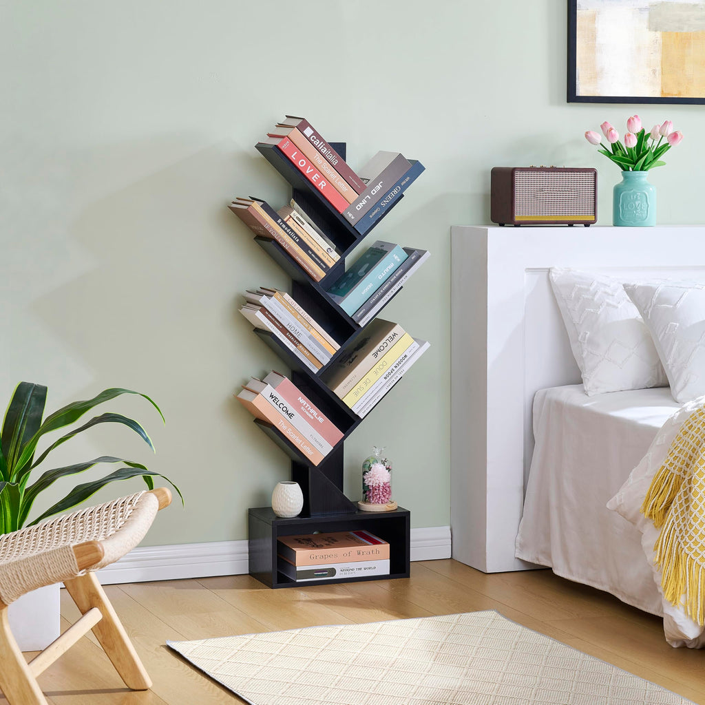 Black 6 Tier Wood Tree Bookshelf with Drawer X207