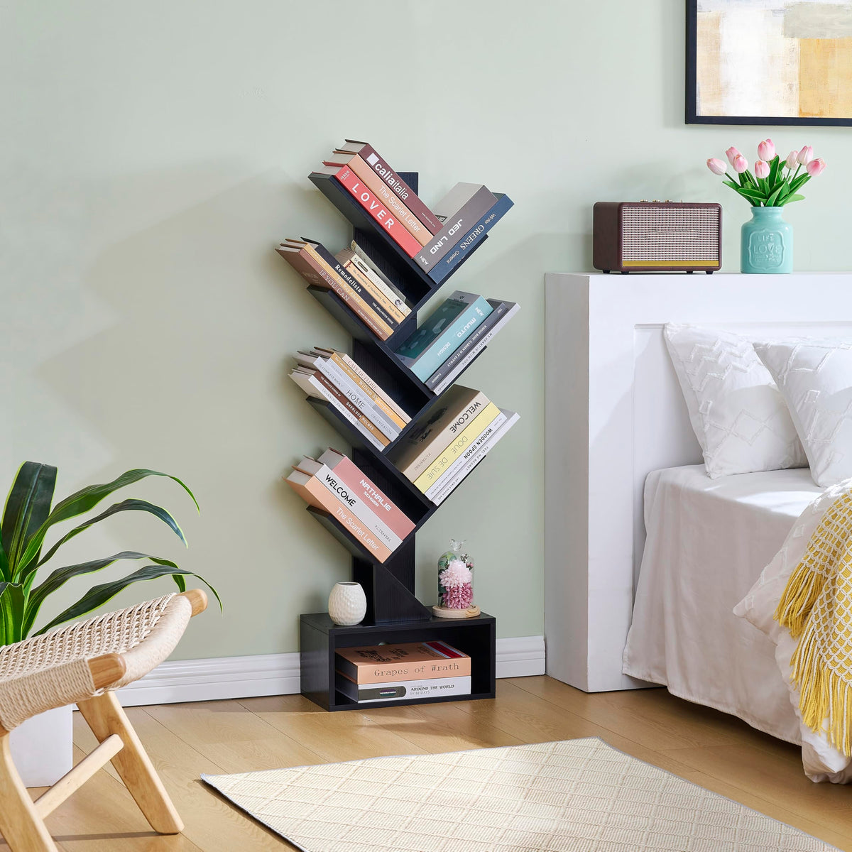 Black 6 Tier Wood Tree Bookshelf with Drawer X207