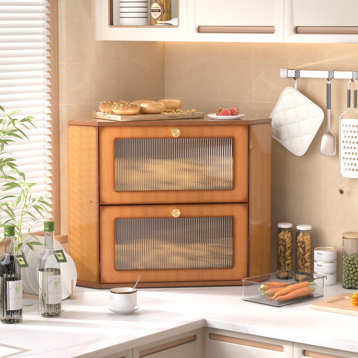 Large Capacity 2 Layer Bamboo Bread Box with Acrylic Window D65509