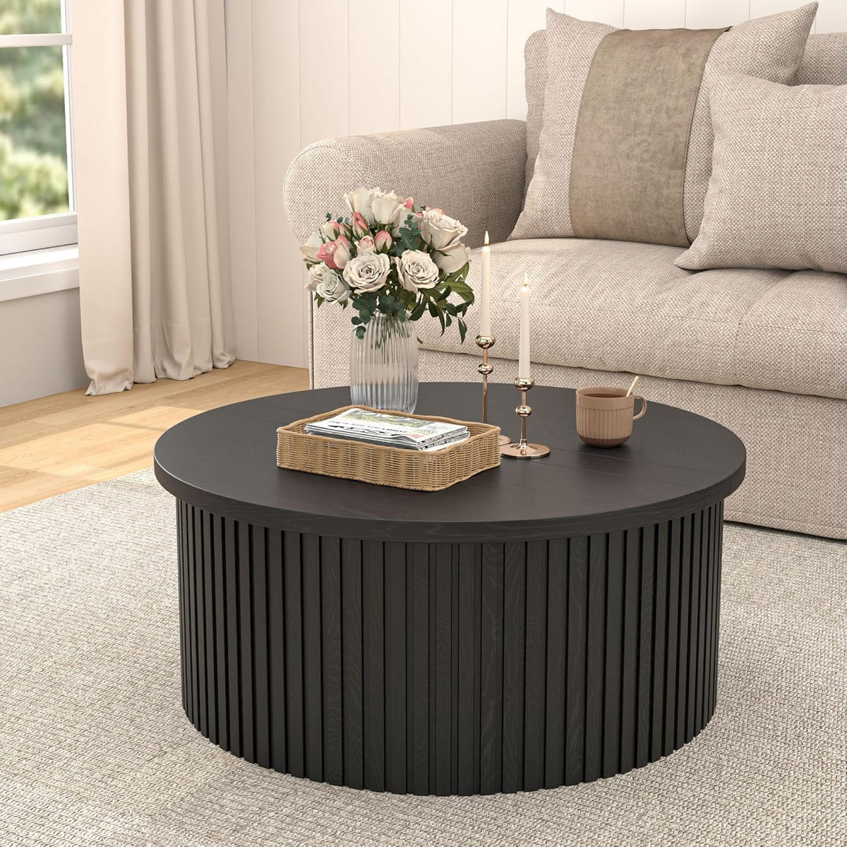 34.6" Fluted Round Lift Top Coffee Table with Hidden Storage, Black L44065