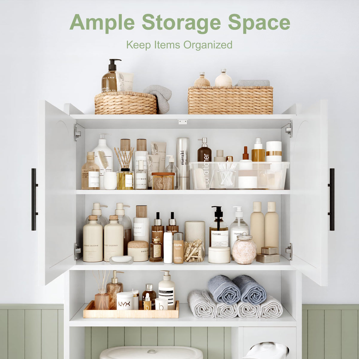 34" Over the Toilet Storage Cabinet with Arched Doors, White O536