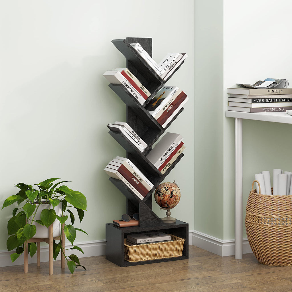 Black 6 Tier Wood Tree Bookshelf with Drawer X207