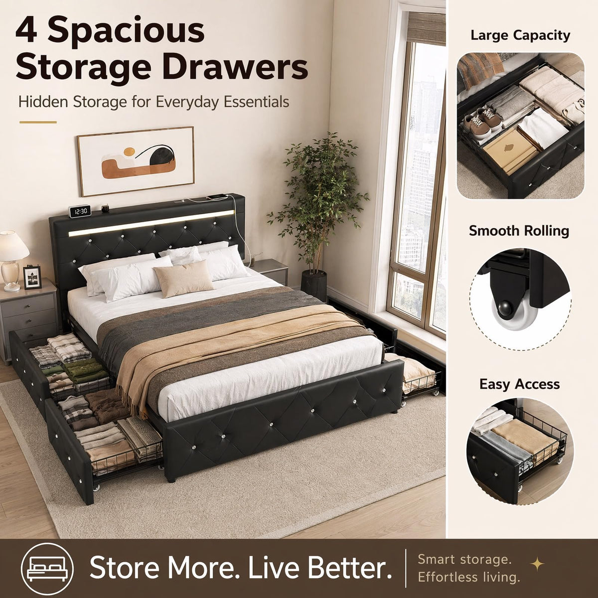 Full Upholstered Bed Frame with 4 Storage Drawers & Headboard Z39384