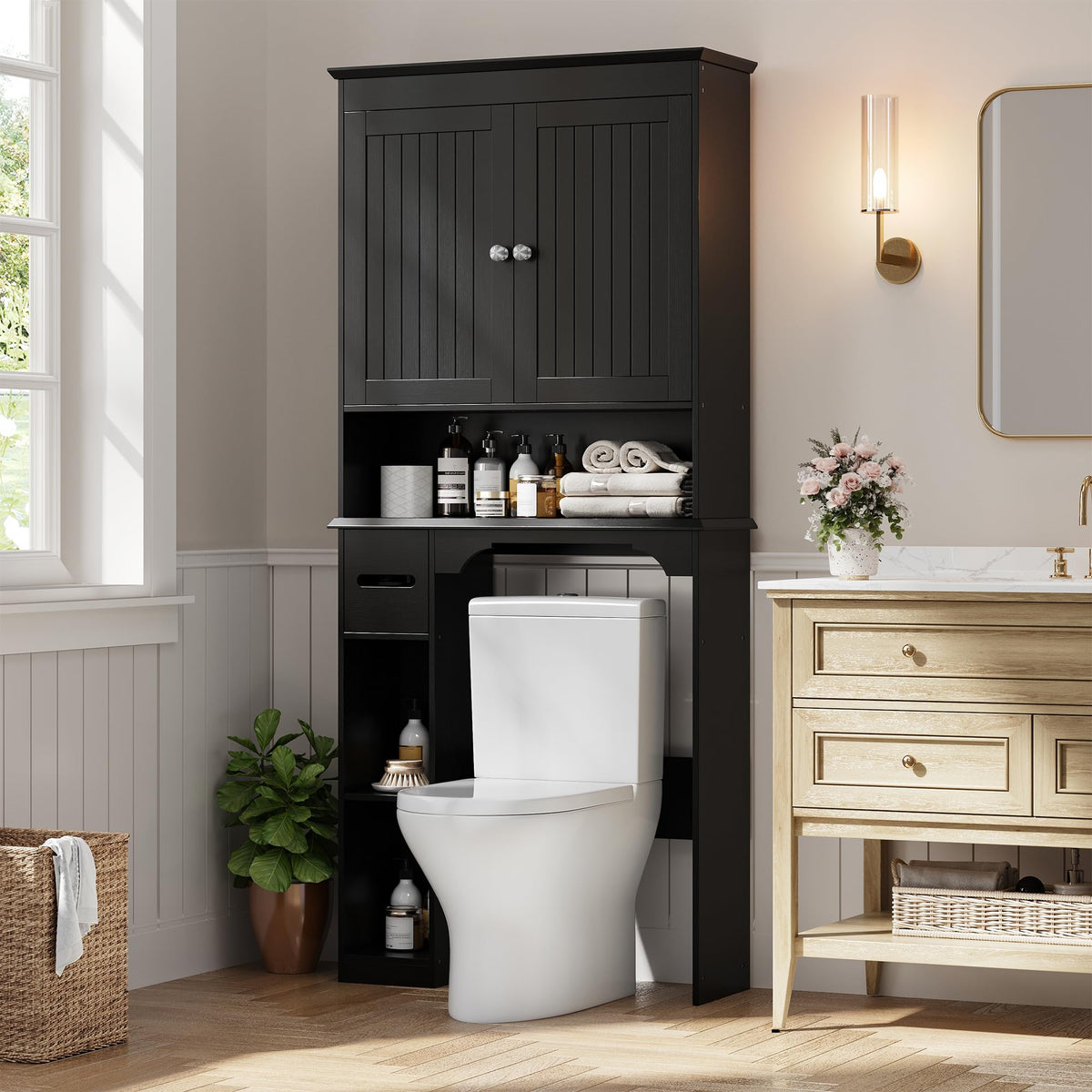 30" Over Toilet Storage Cabinet with Toilet Paper Box, Black M49334