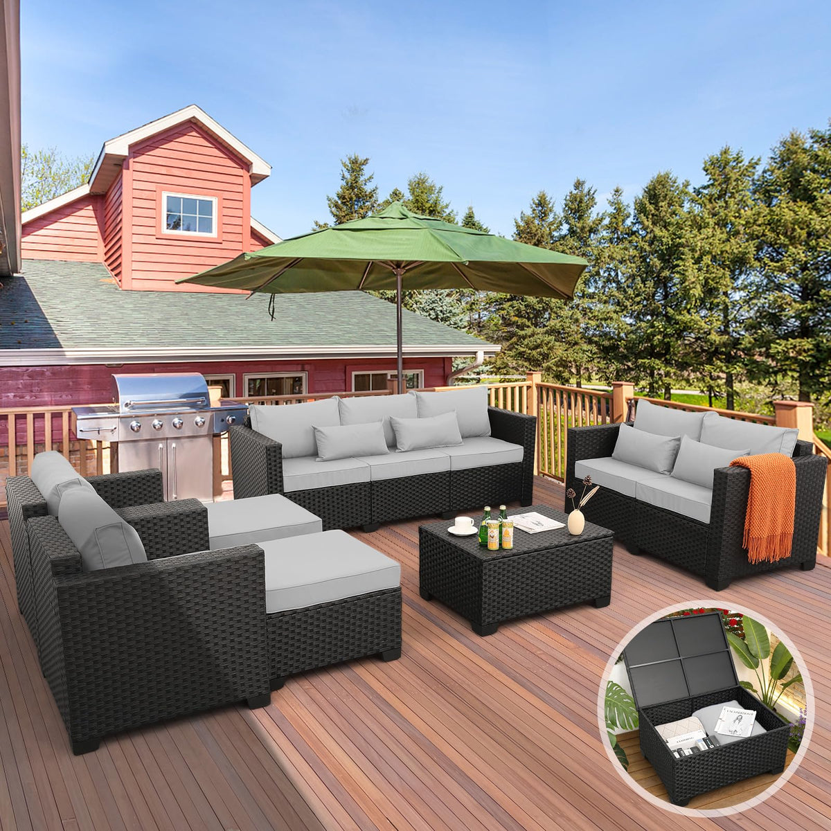 7 Piece Light Grey Cushions Patio Furniture Set with Storage Table G52457