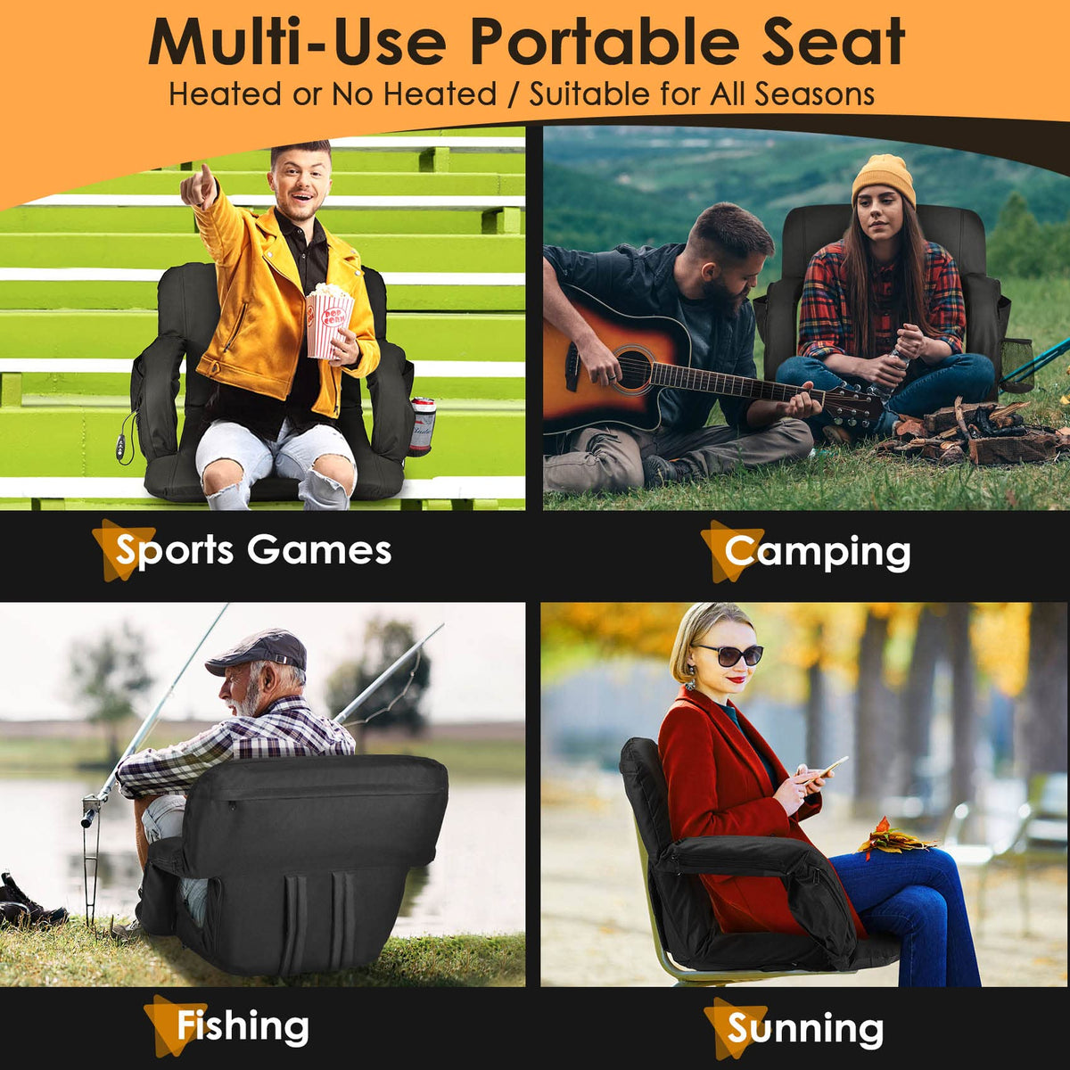 Heated Stadium Seats for Bleachers with Back Support, Black E12105