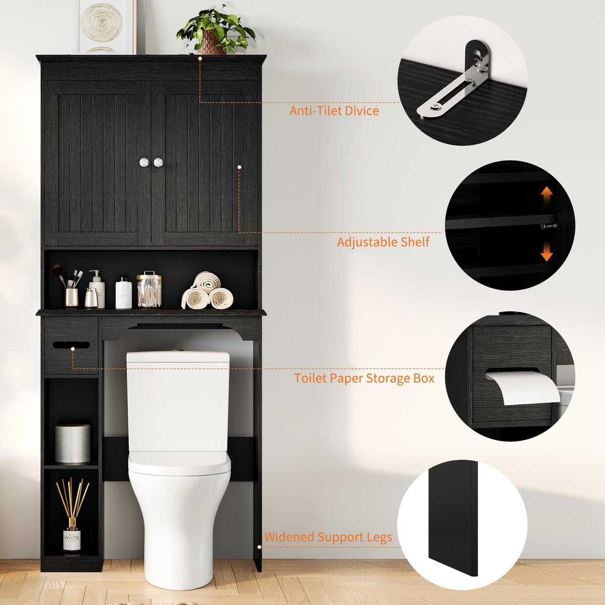 30" Over Toilet Storage Cabinet with Toilet Paper Box, Black M49334