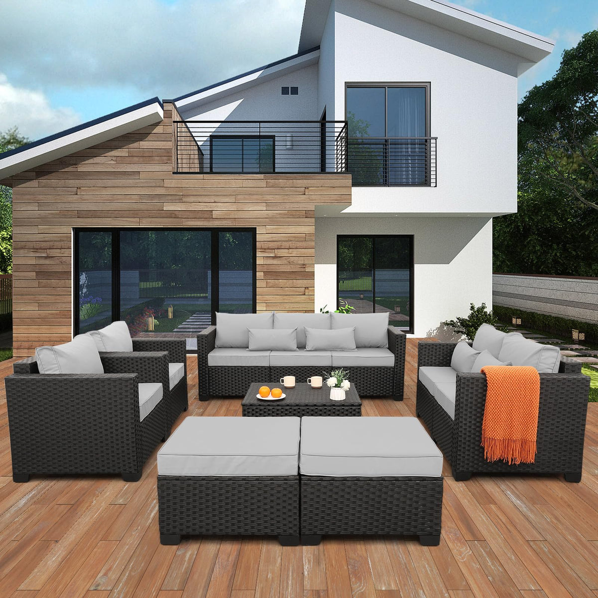 7 Piece Light Grey Cushions Patio Furniture Set with Storage Table G52457