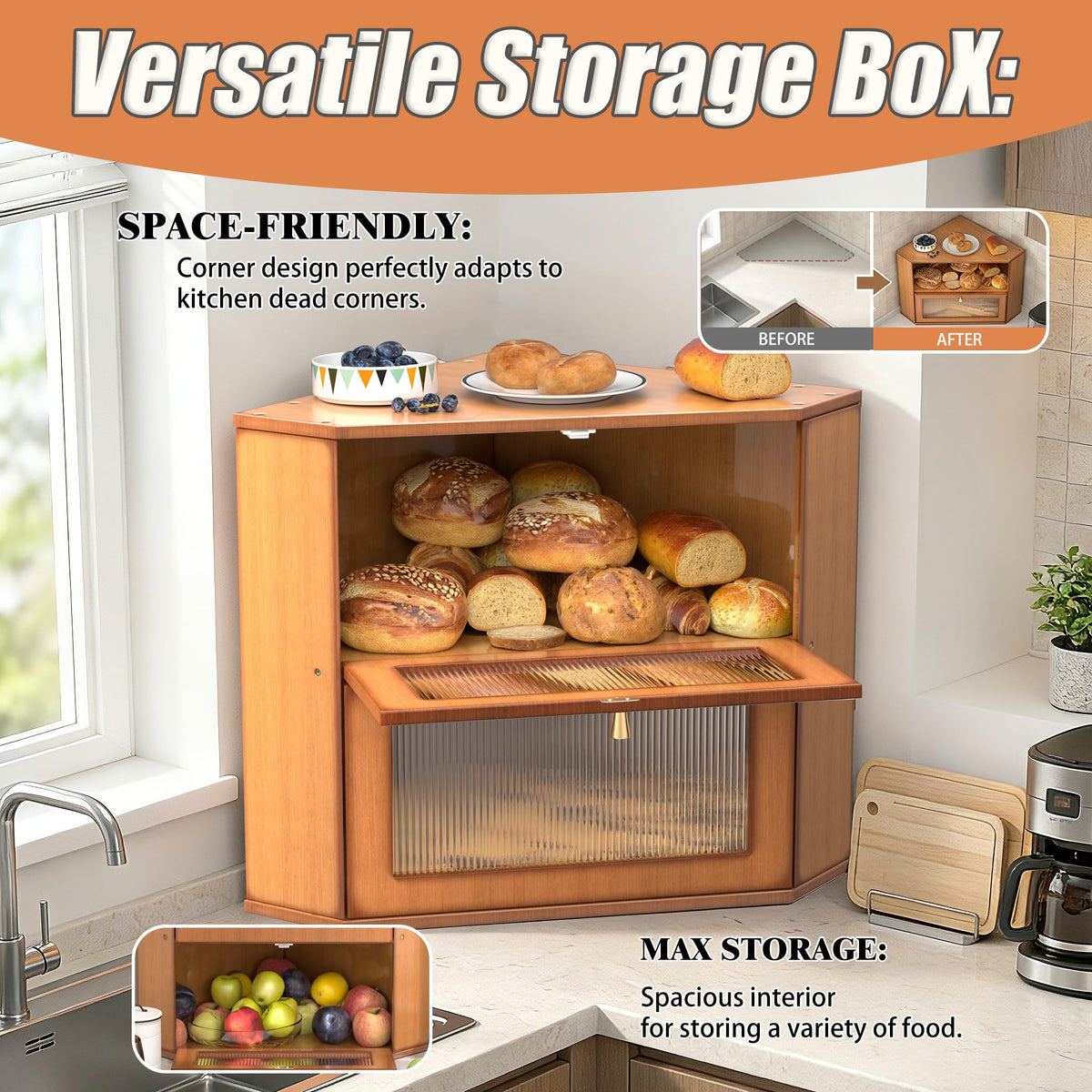 Large Capacity 2 Layer Bamboo Bread Box with Acrylic Window D65509