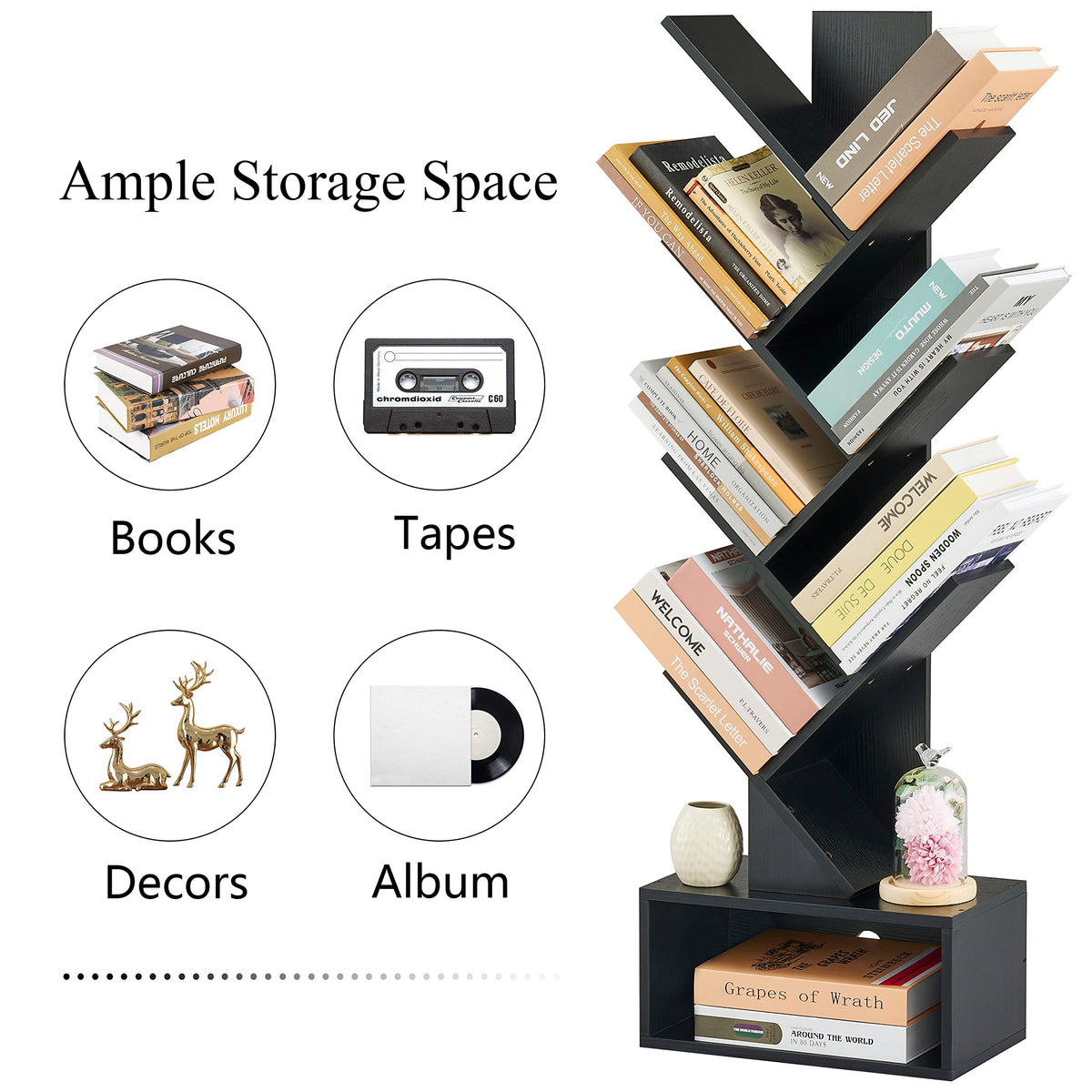 Black 6 Tier Wood Tree Bookshelf with Drawer X207