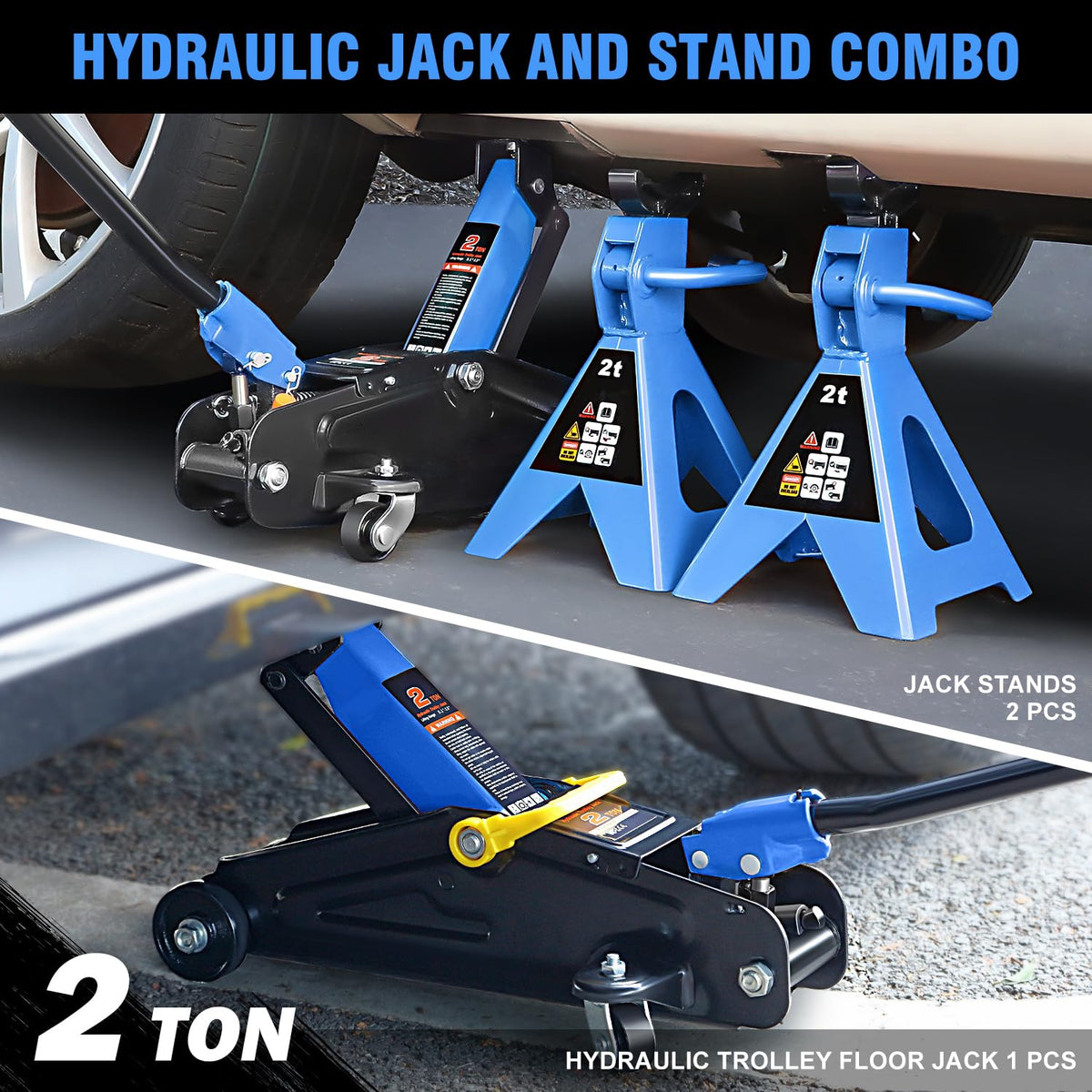Low Profile Hydraulic Trolley Floor Jack with 2 Ratchet Jack Stands, 2 Ton Capacity, Blue D75166