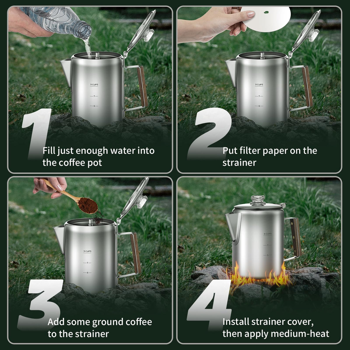 9 Cups Stainless Steel Coffee Percolator with 100pcs Coffee Filters D72194