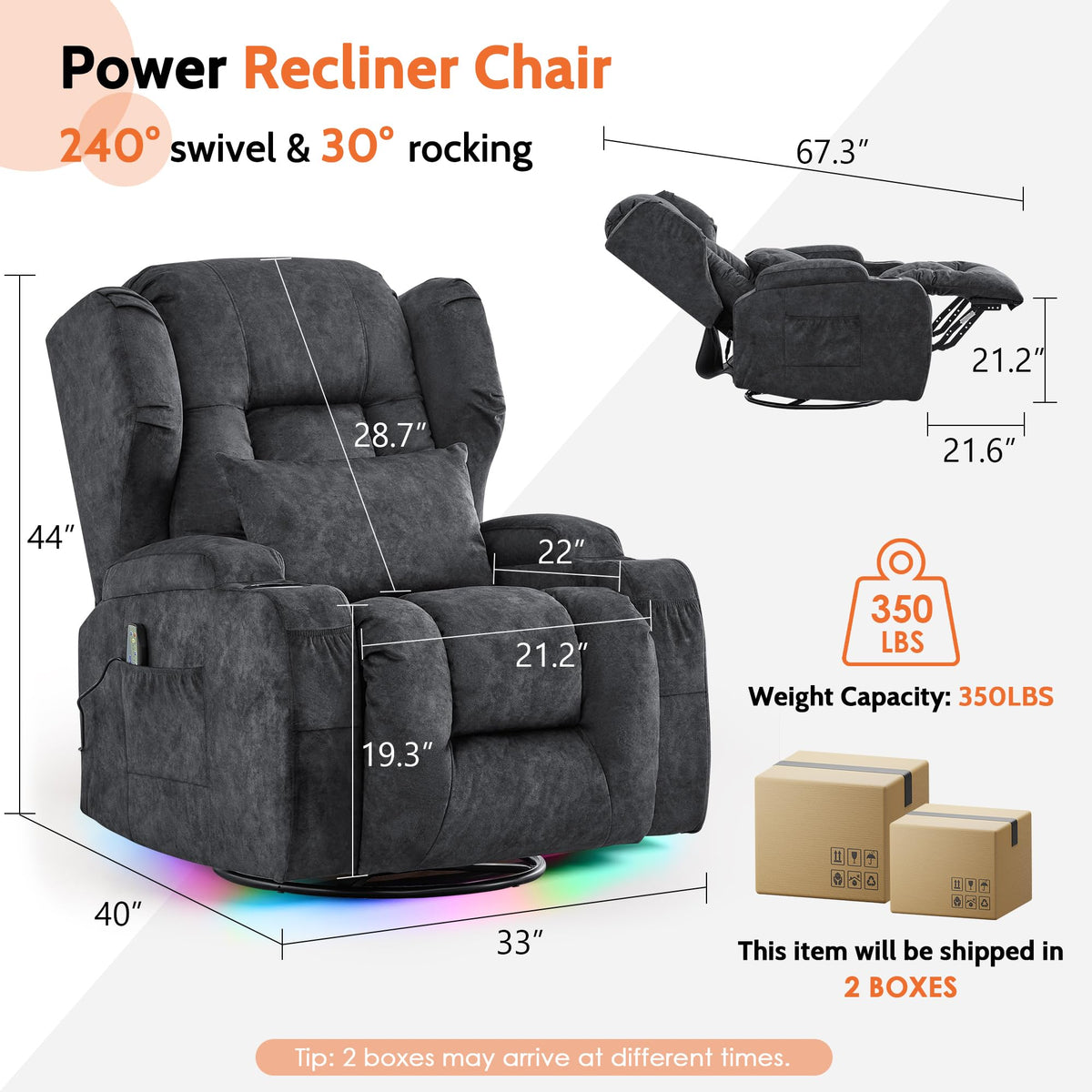 Velvet Gray Power Swivel Rocker Recliner Chair with Massage & Heat F109297
