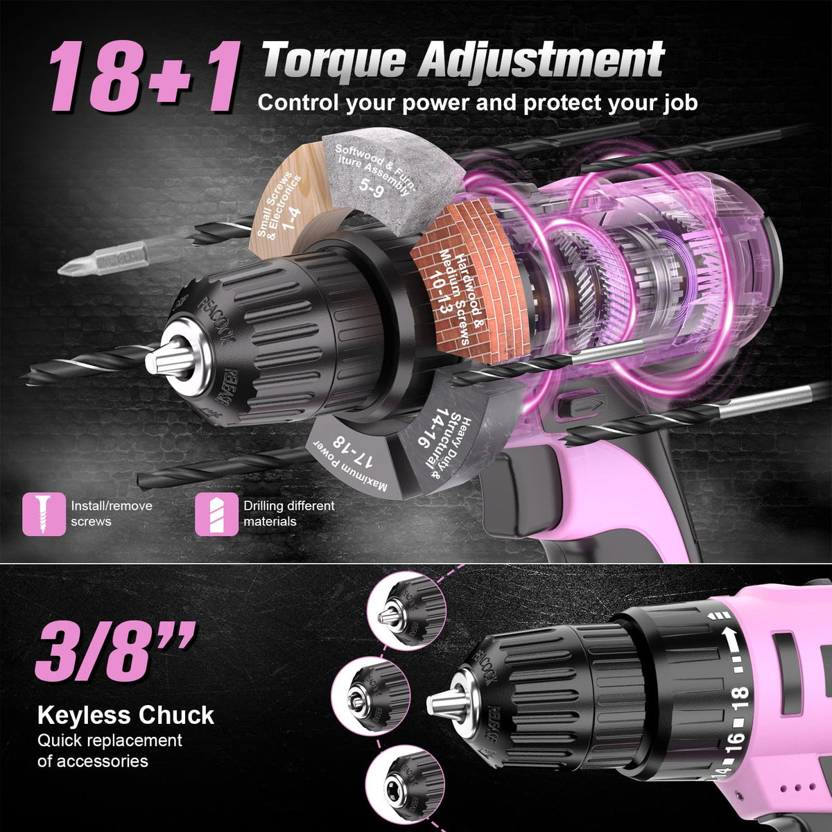 20V Cordless Pink Drill Set with Battery & Charger K514