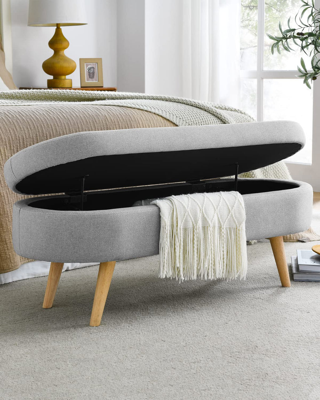 Oval Linen Fabric Upholstered Storage Bench with Solid Wood Legs N690680