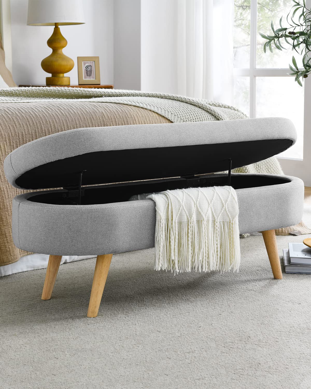 Oval Linen Fabric Upholstered Storage Bench with Solid Wood Legs N690680
