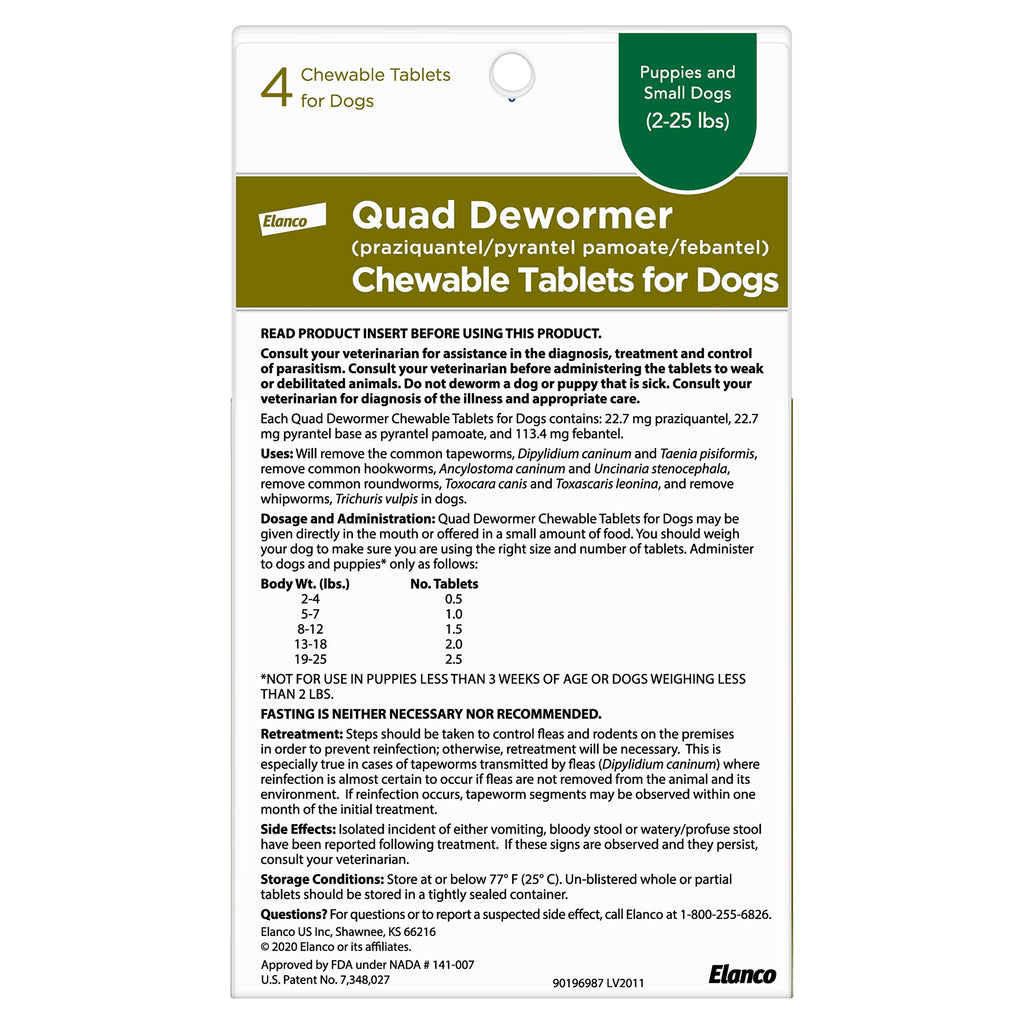 Chewable Dewormer for Small Dogs, 2-25 lbs, 4 Tablets E465599