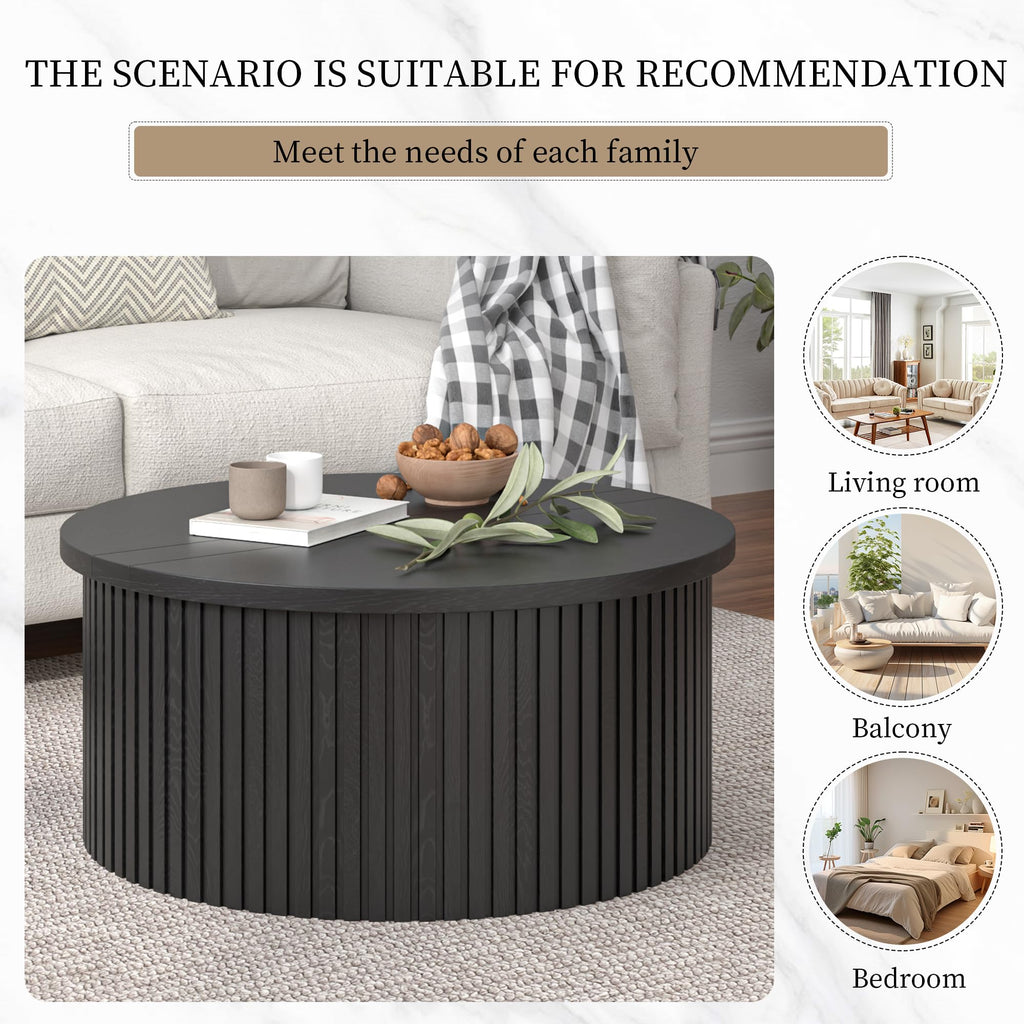 34.6" Fluted Round Lift Top Coffee Table with Hidden Storage, Black L44065