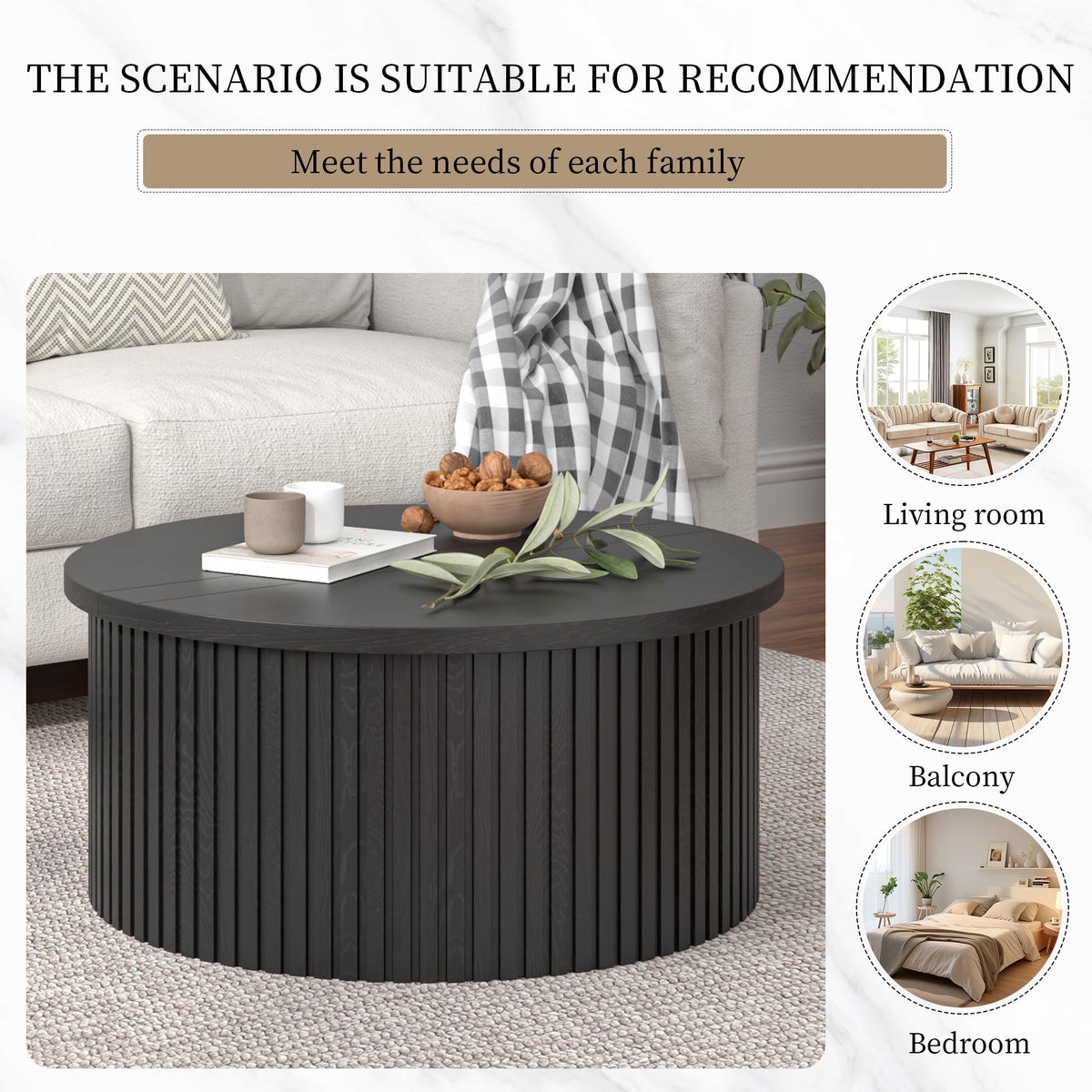 34.6" Fluted Round Lift Top Coffee Table with Hidden Storage, Black L44065