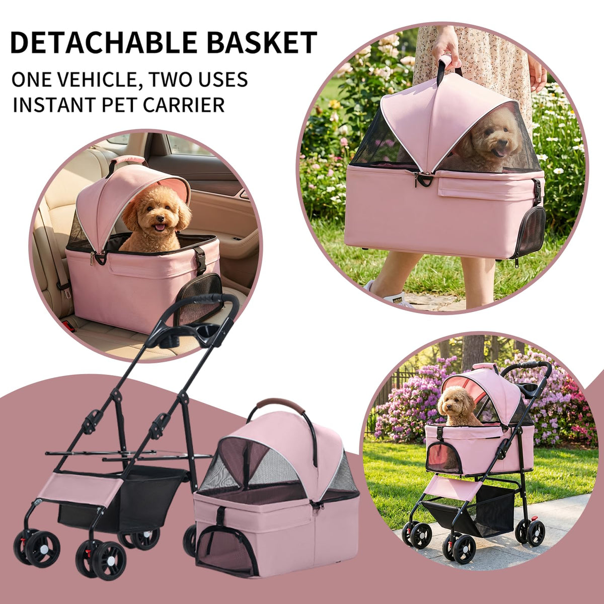 Pink Pet Stroller with Detachable Carrier L69209