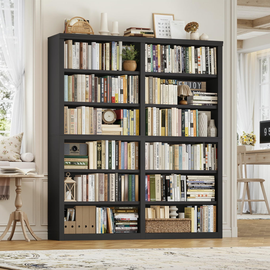 73" Tall Black 6-Tier Double Wide Bookshelf H19836