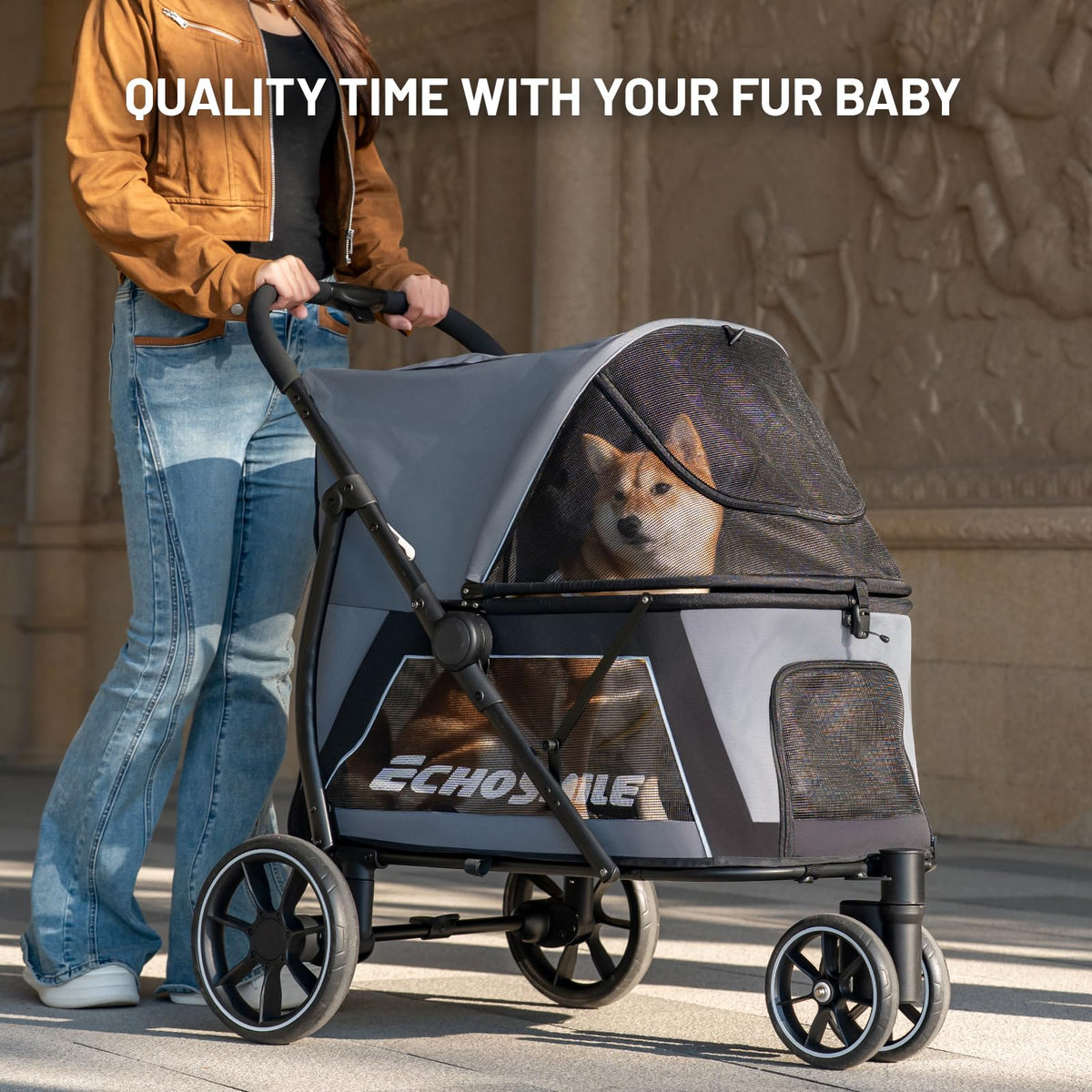 Foldable 3 Wheels Gray Dog Stroller N699