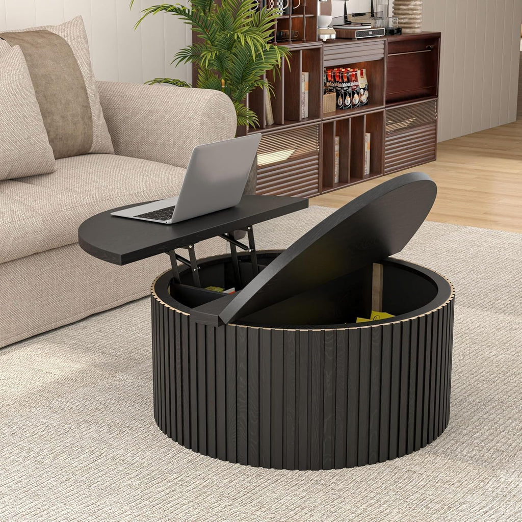 34.6" Fluted Round Lift Top Coffee Table with Hidden Storage, Black L44065