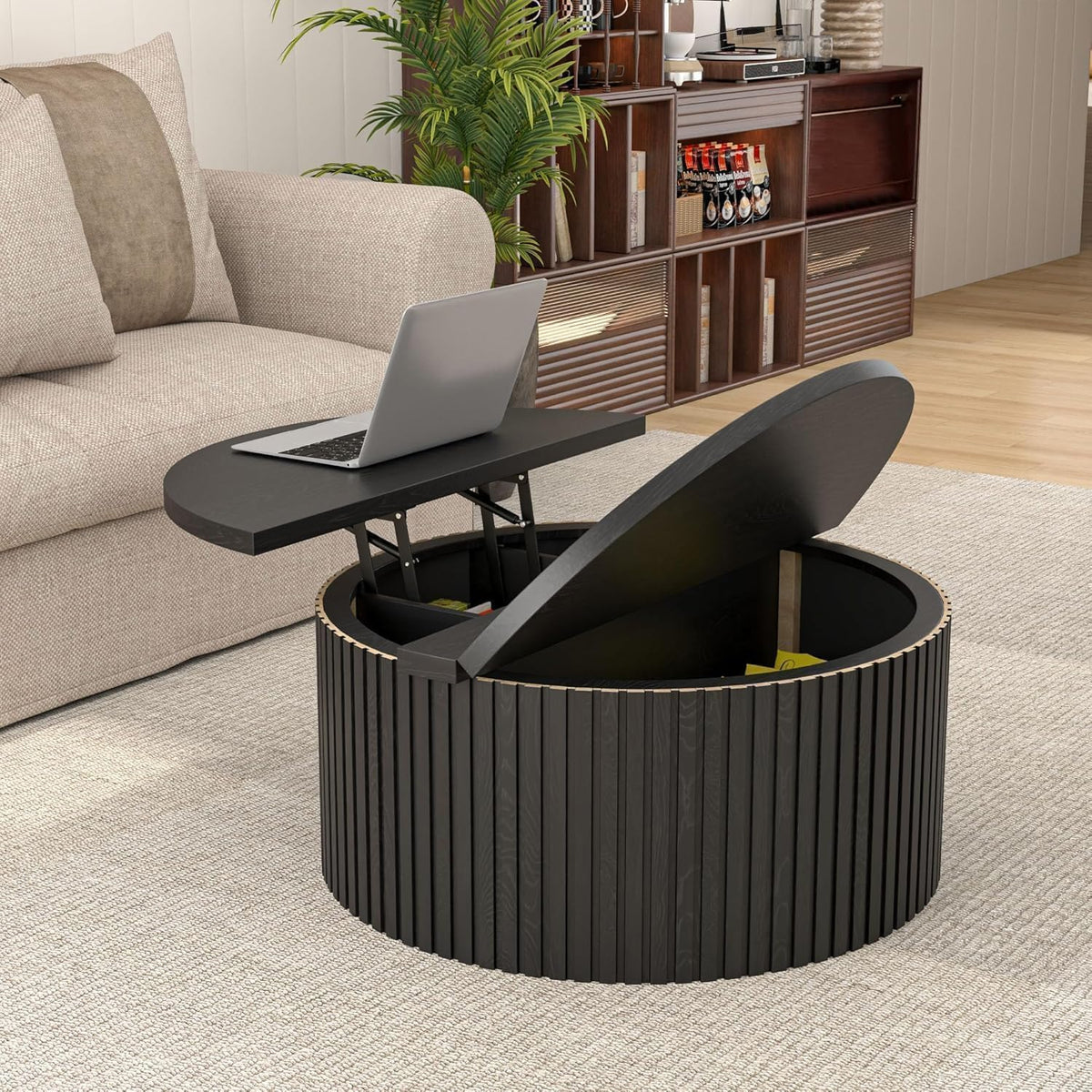 34.6" Fluted Round Lift Top Coffee Table with Hidden Storage, Black L44065