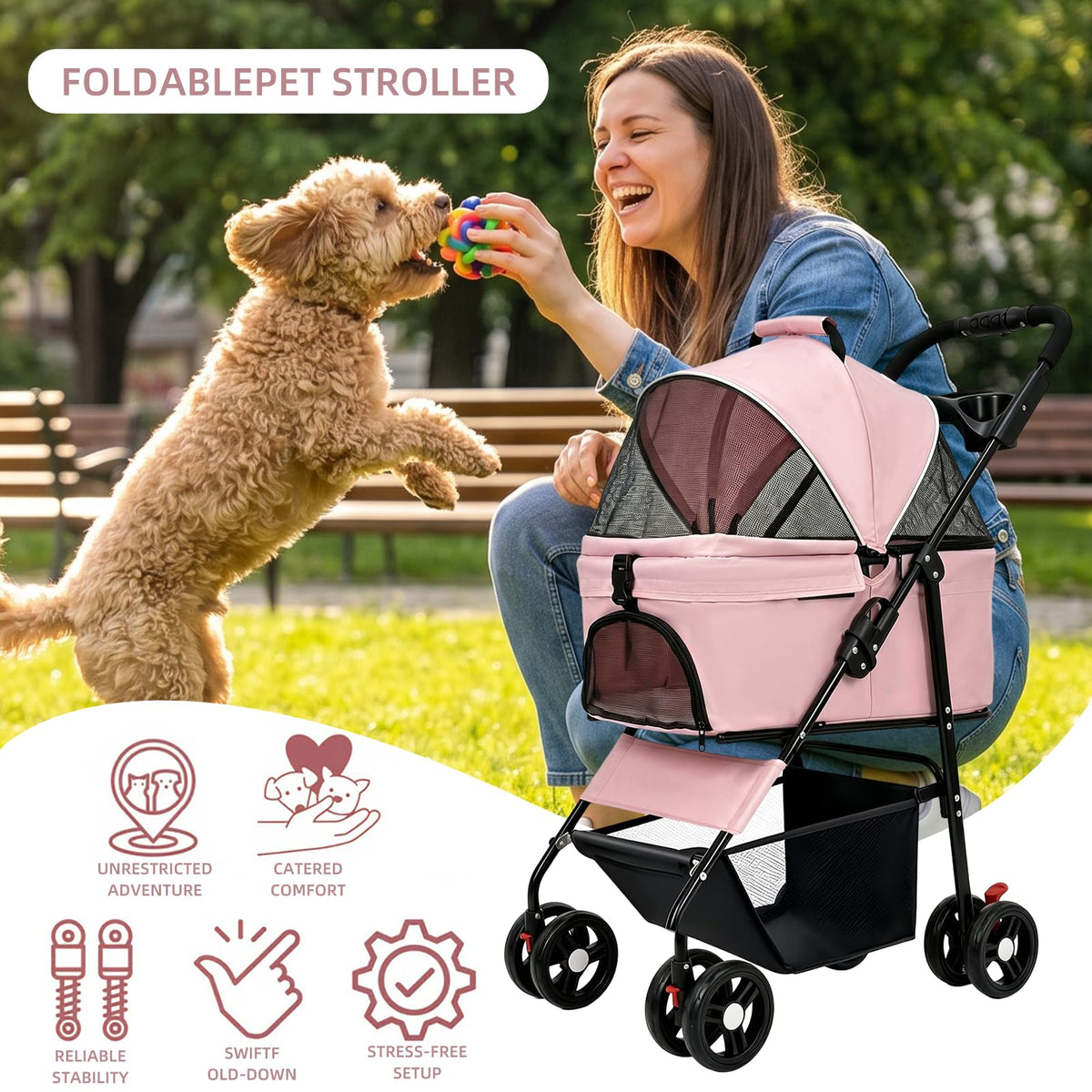 Pink Pet Stroller with Detachable Carrier L69209