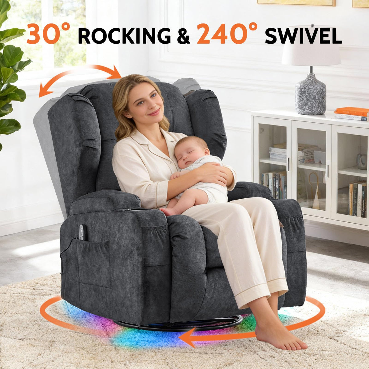 Velvet Gray Power Swivel Rocker Recliner Chair with Massage & Heat F109297