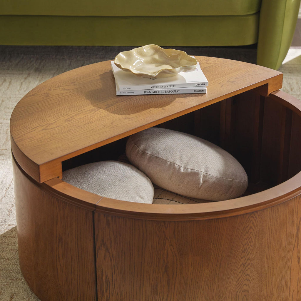 Solid Oak Wood Veneer Coffee Table with Storage, 36 Inch, Medium Brown Oak P22747