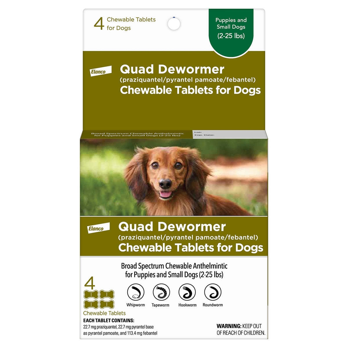 Chewable Dewormer for Small Dogs, 2-25 lbs, 4 Tablets E465599