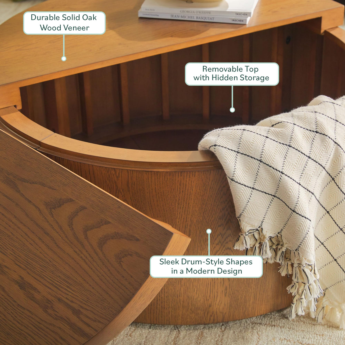Solid Oak Wood Veneer Coffee Table with Storage, 36 Inch, Medium Brown Oak P22747